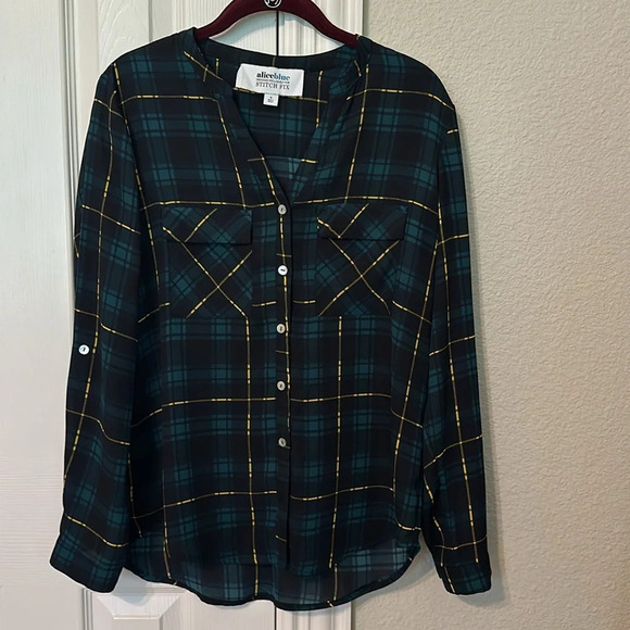 Alice Blue Stitch Fix plaid long sleeve blouse with roll tab sleeves - size S - Picture 1 of 6